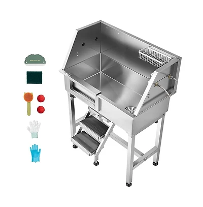 Ruie 34 inch Stainless Steel Dog Grooming Bathtub with Non Slip Stairs and Faucet Left Door