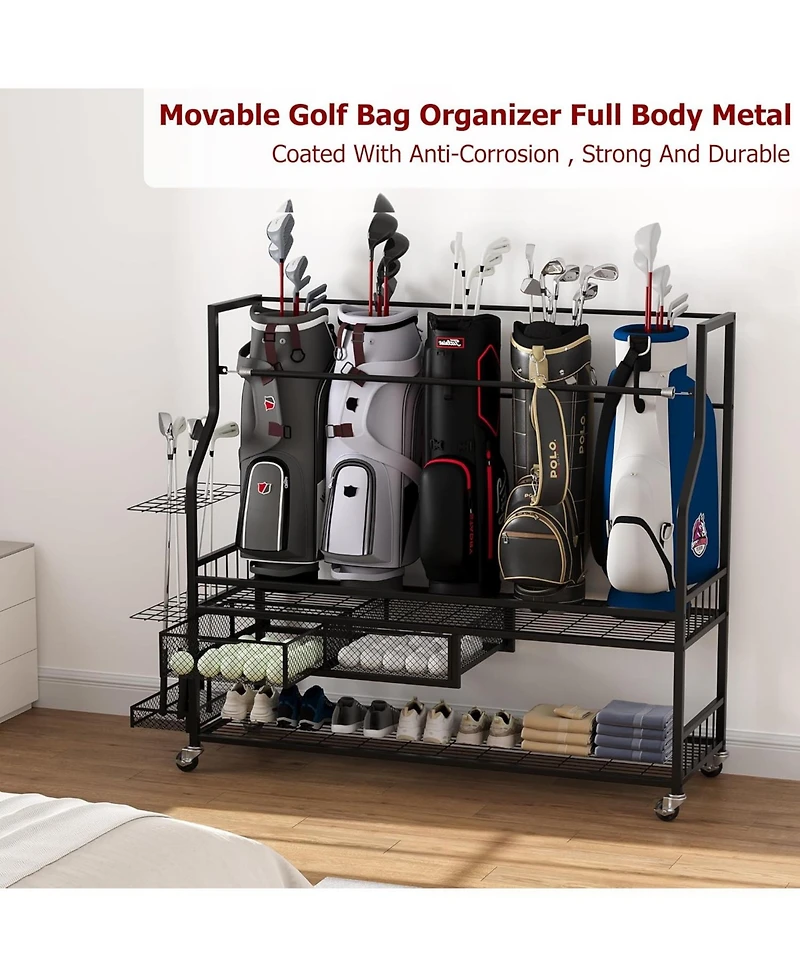 Xo Golf Bag Storage Rack with Drawer and Wheels, Heavy Duty Golf Organizer for Clubs, Balls, Shoes, Garage Storage Stand