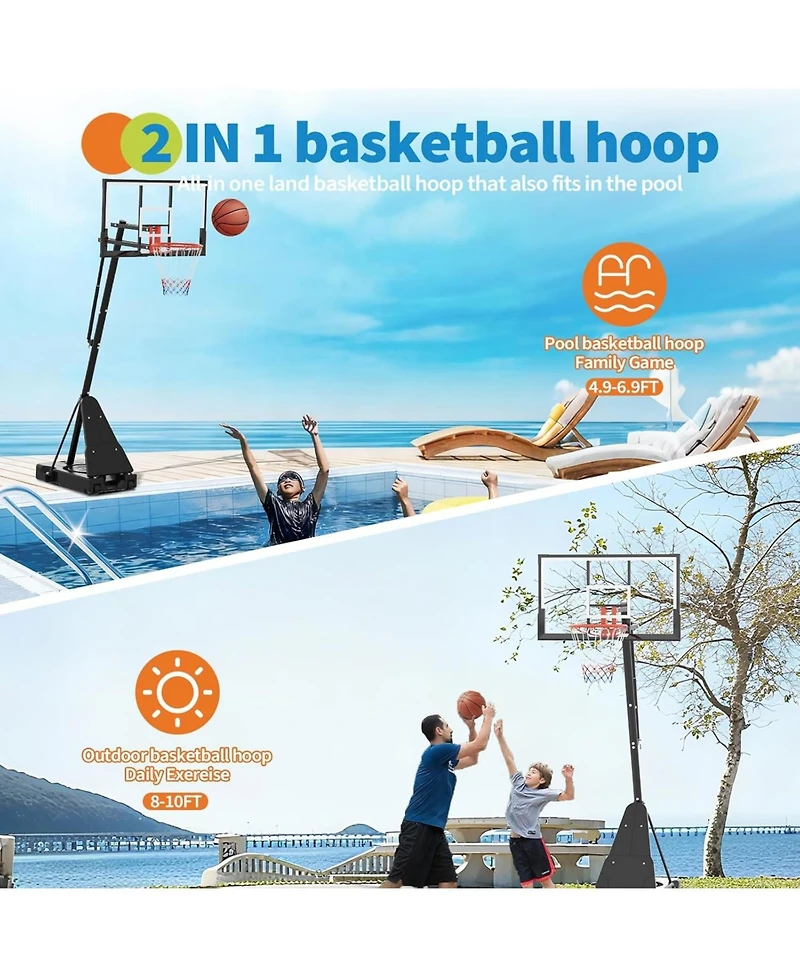 Xo 52" Basketball Hoop System, 4.9-10FT Adjustable Height, Shatterproof Pc Backboard, Portable with Wheels for Backyard Driveway