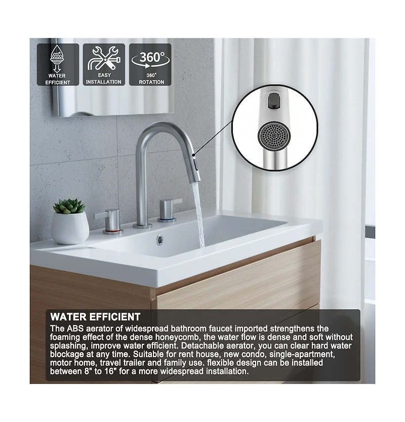 Phying 8-Inch Widespread Lavatory Faucet, 2-Handle 3-Hole with Pop-Up Drain and 360degree(s) Pull-Down Sprayer, Brushed Nickel