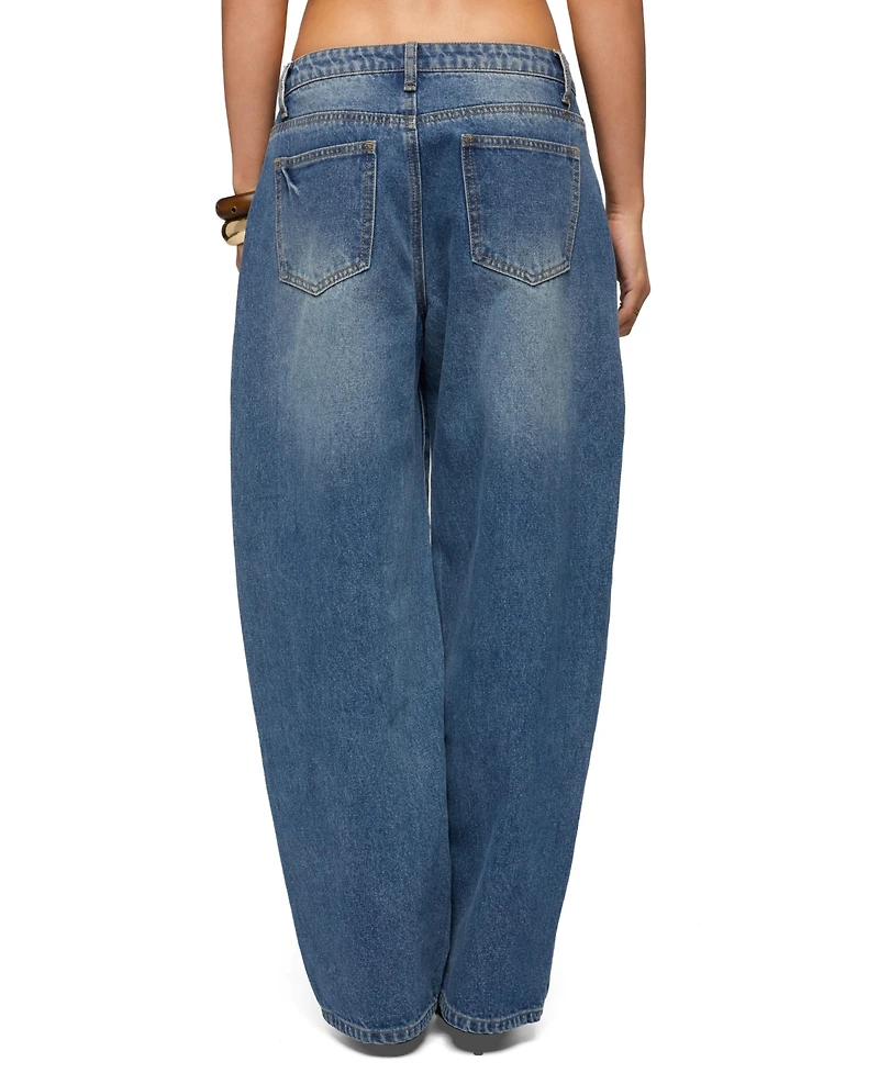 Edikted Womens Button Stitch Low Rise Barrel Jeans