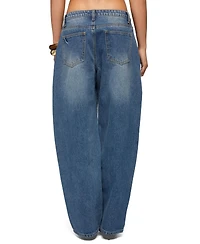 Edikted Womens Button Stitch Low Rise Barrel Jeans