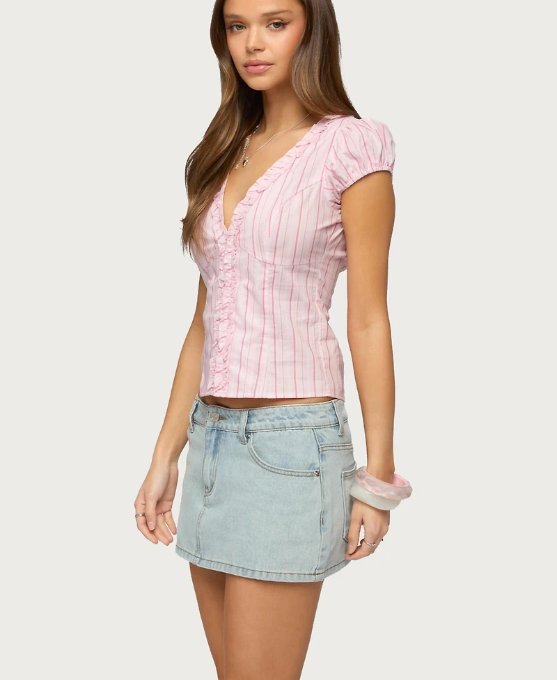 Edikted Women's Georgia Ruffle Striped Button Up Top