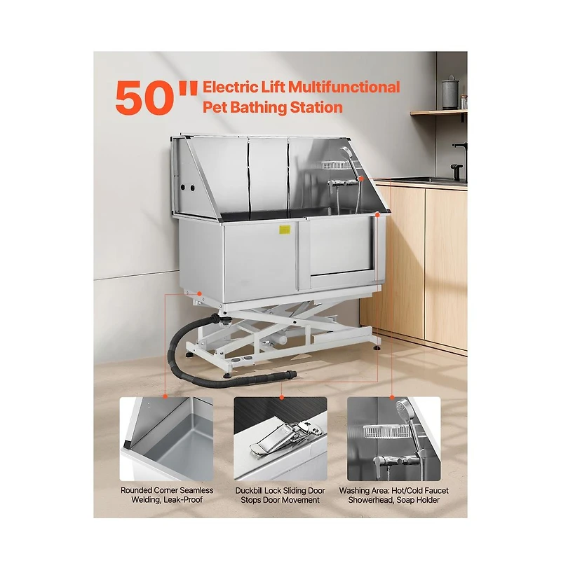 Ruie Electric Lift Dog Grooming Tub 50 inch Stainless Steel with Drain Board Right Door