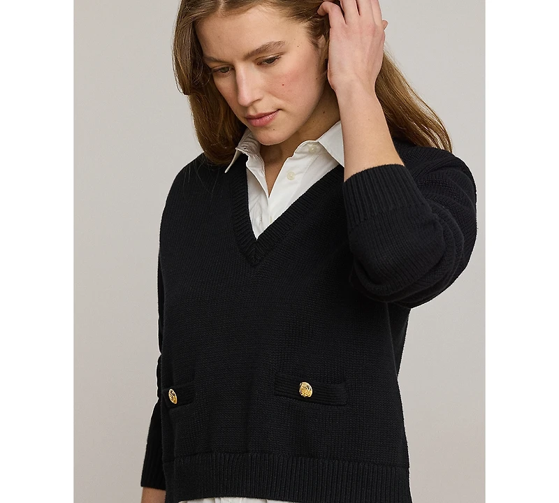 Lauren Ralph Petite Layered Button-Trim Cotton Sweater