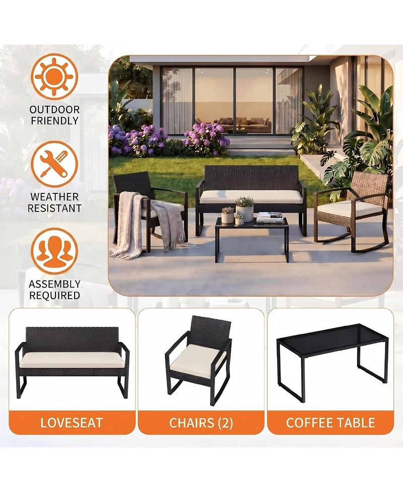 gaomon 4 Piece Pe Rattan Patio Furniture Set Outdoor Rocking Chair Conversation Set with Coffee Table and Soft Cushions All-Weather Wicker