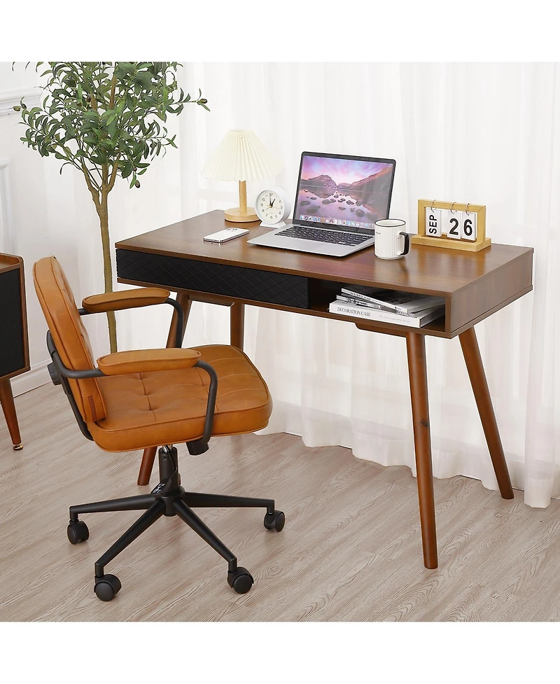 Gaomon Modern Writing Desk with Drawer and Open Shelf, Narrow Home Office Table for Bedroom, Walnut and Black, 42 5 x 19 7 x 29 5 In