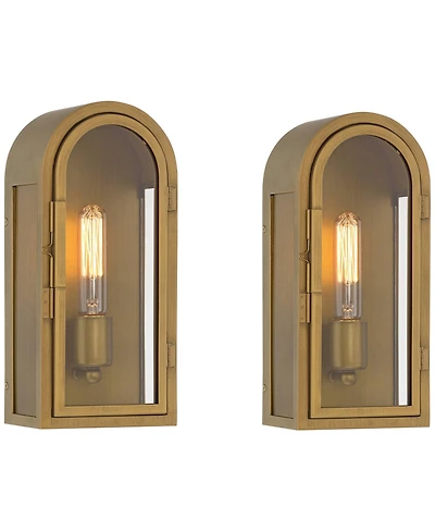 Possini Euro Design Alys 13" High Industrial Outdoor Wall Light Fixture Mount Porch House Set of 2 Gold Aged Brass Finish