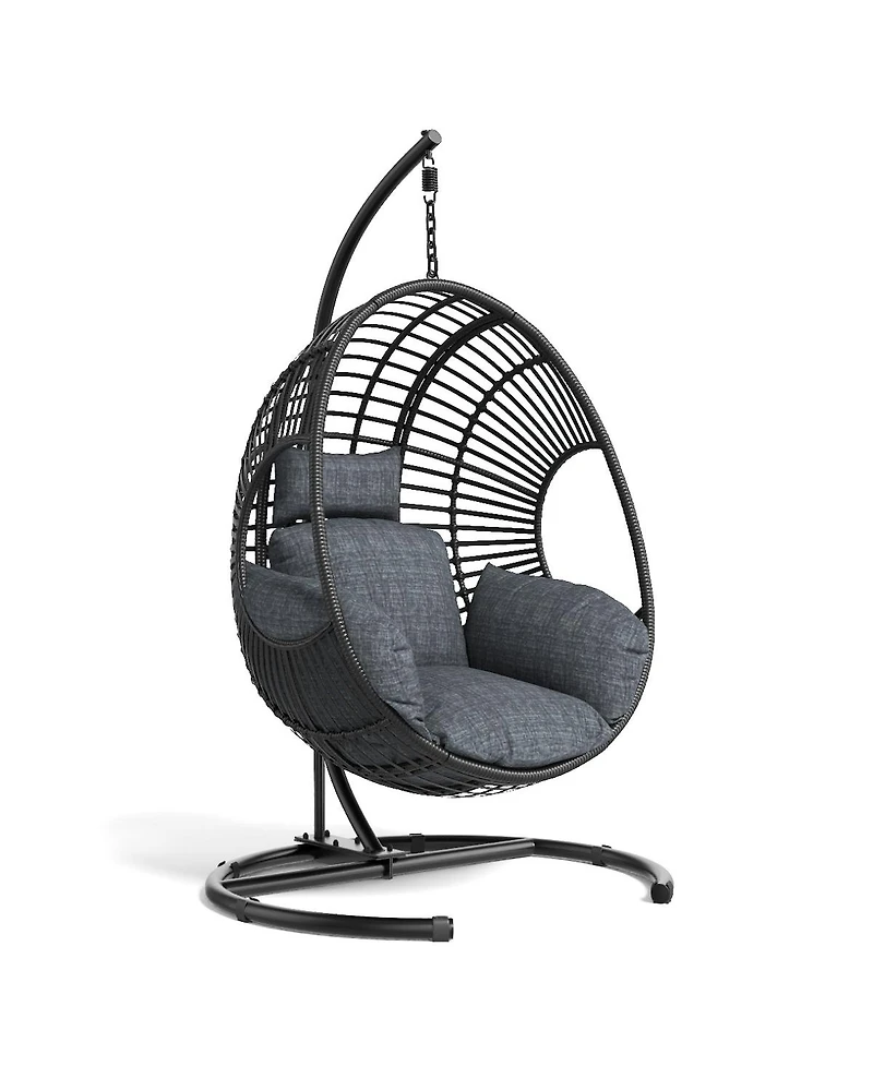 Asagikoiai Outdoor Hanging Rattan Basket Chair with Stand and Cushion for Patio or Balcony