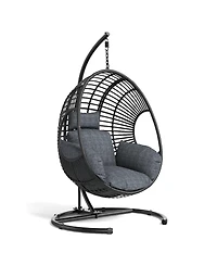 Asagikoiai Outdoor Hanging Rattan Basket Chair with Stand and Cushion for Patio or Balcony