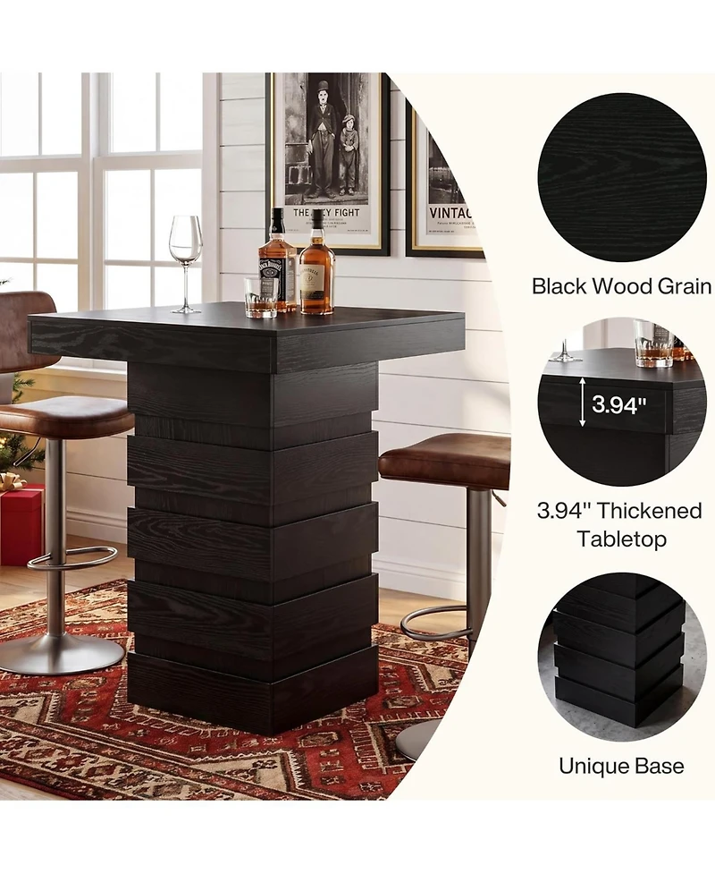 Tribesigns Square Bar Table, 37.4 Inch Hight Modern Bar Height Pub Table with Stacked Block Base, Black High Top Bistro Table