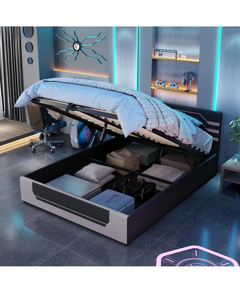 Streamdale Furniture Modern Queen Hydraulic Storage Gaming Bed Frame, Cyberpunk Design