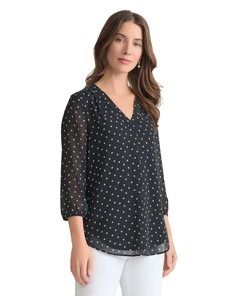 Jones New York Women's V-Neck Pleat Front 3/4 Sleeve Tunic