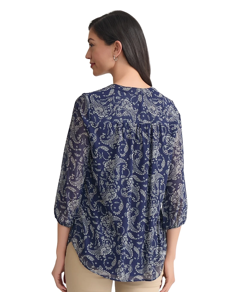 Jones New York Women's Kelly Printed Sheer-Sleeve Pleated Blouse