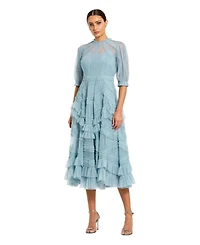 Mac Duggal Petite Illusion High Neck Tiered Ruffle A-Line Midi Dress