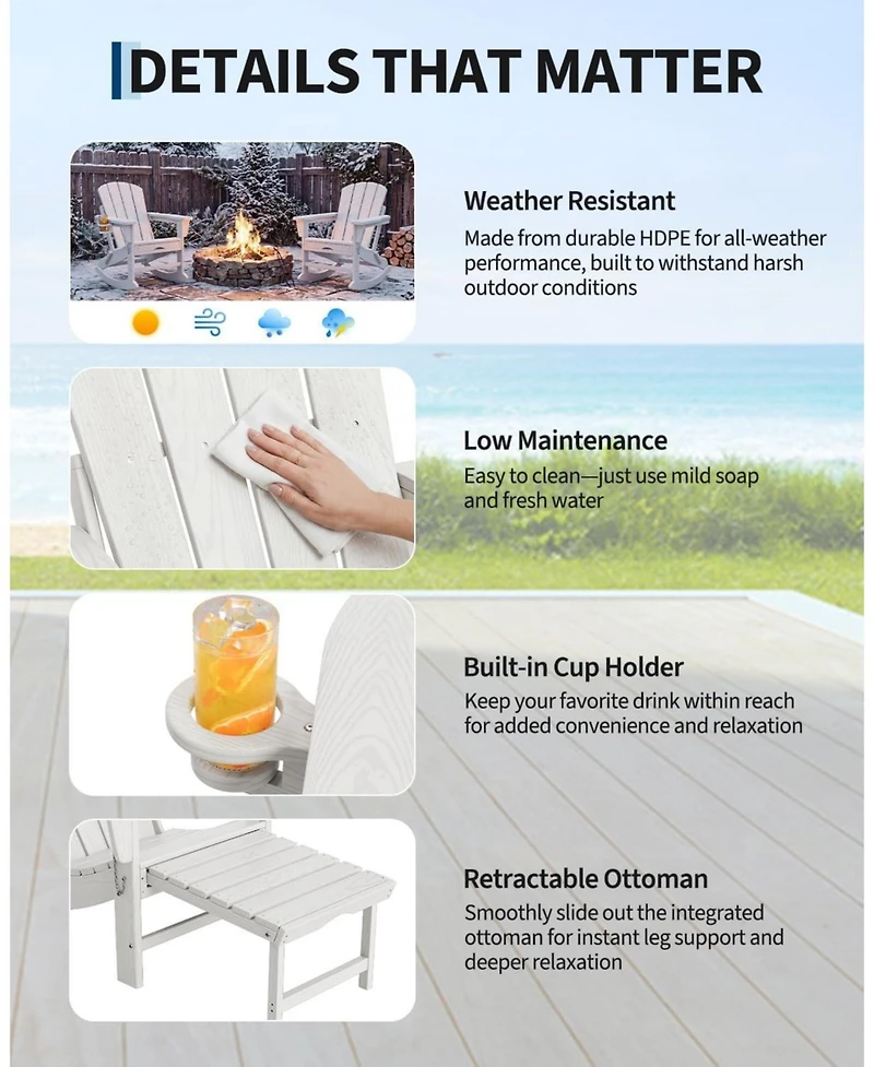 gaomon 2 Pcs All-Weather Hdpe Outdoor Folding Adirondack Rocking Chair with Retractable Ottoman for patios, Decks, Gardens