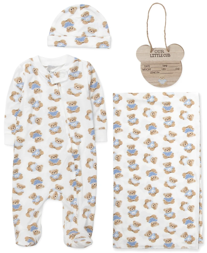Baby Essentials Boys' Bear Print coverall, Blanket, Hat and Wooden Sign, 4-Piece Set