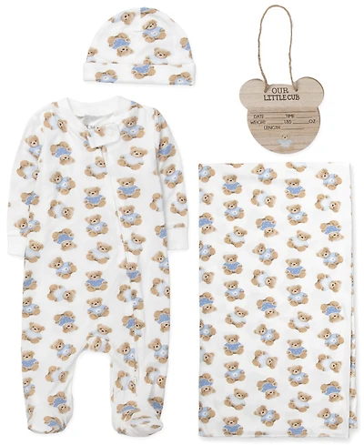 Baby Essentials Boys' Bear Print coverall, Blanket, Hat and Wooden Sign, 4-Piece Set
