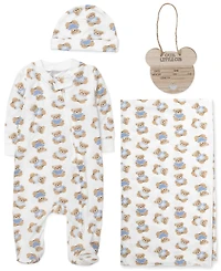 Baby Essentials Boys' Bear Print coverall, Blanket, Hat and Wooden Sign, 4-Piece Set