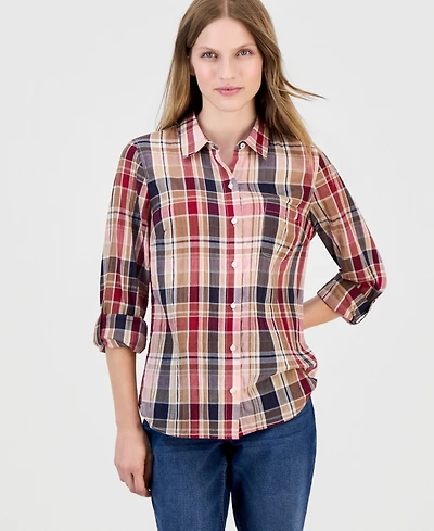 Nautica Women's Crinkle Plaid Roll-Tab Shirt