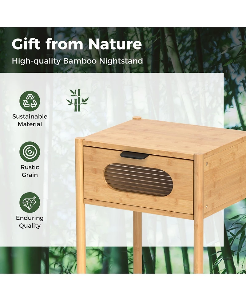 Gymax Bamboo Nightstand Farmhouse Bedside Table w/ Tempered Glass Decorated Drawer