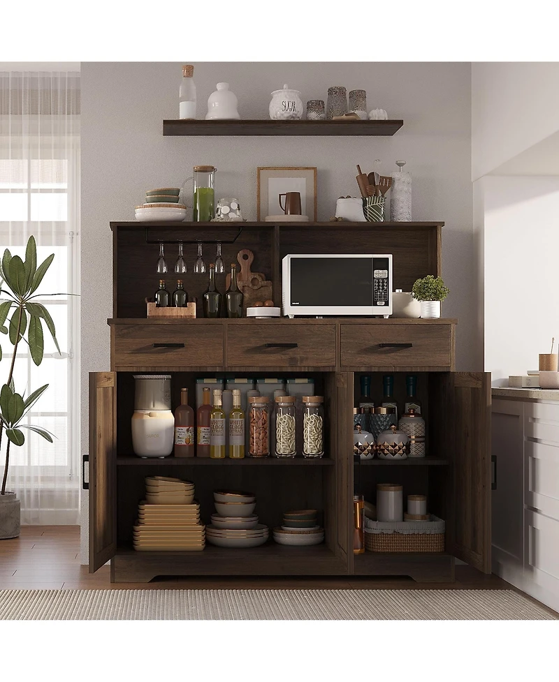 homfan 47in Farmhouse Entryway Storage Cabinet with Microwave Stand Adjustable Shelves, 3 Drawers, Barn Door, Wooden Sideboard Buffet for Kitchen