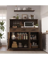 homfan 47in Farmhouse Entryway Storage Cabinet with Microwave Stand Adjustable Shelves, 3 Drawers, Barn Door, Wooden Sideboard Buffet for Kitchen
