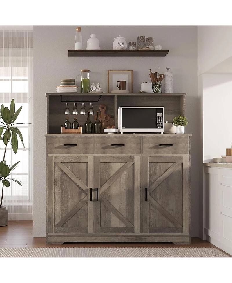 homfan 47in Farmhouse Entryway Storage Cabinet with Microwave Stand Adjustable Shelves, 3 Drawers, Barn Door, Wooden Sideboard Buffet for Kitchen