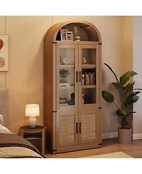 Gaomon 71.6" Farmhouse Arched Bookcase with Glass Doors and Rattan Accents, Tall Wood Storage Cabinet with 4-Tier Display Shelves for Living Room