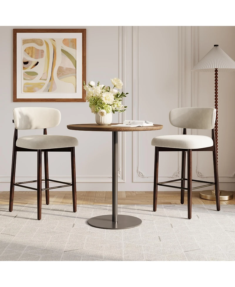 homfan 2/4 Upholstered Bar Stools, Counter Height with Wood Legs, Kitchen Island Stools Back, Linen Fabric, Curved Metal Footrest,