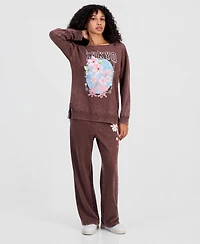 Rebellious One Juniors' Tokyo Flower Mineral-Wash Boat-Neck Fleece Sweatshirt
