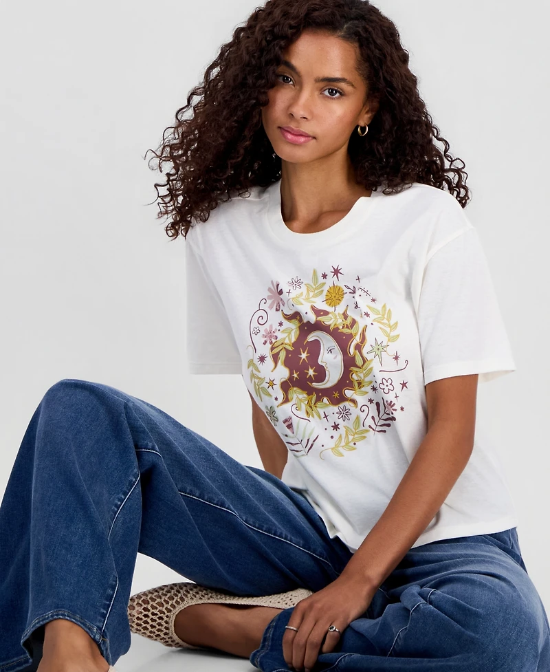 Rebellious One Juniors' Moon Flower Graphic Print T-Shirt