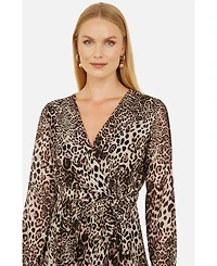 Yumi Women's Leopard Print Long Sleeve Midi Dress
