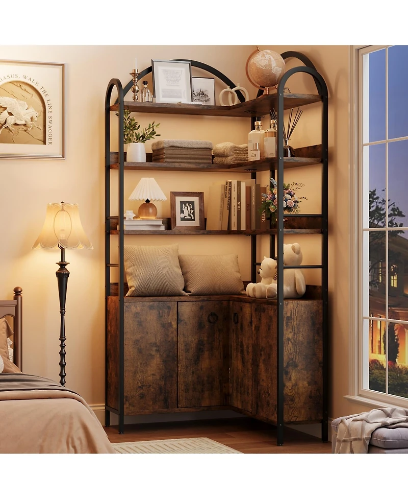 gaomon 74 Inch Corner 6 Tier Bookshelf with Cabinet Doors and Storage Shelves for Living Room Home Office, Brown