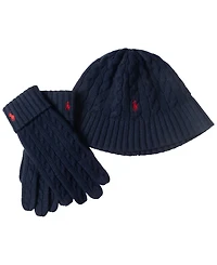 Polo Ralph Lauren Men's Wool Blend Cable Bucket Hat and Gloves, 2-Piece Set