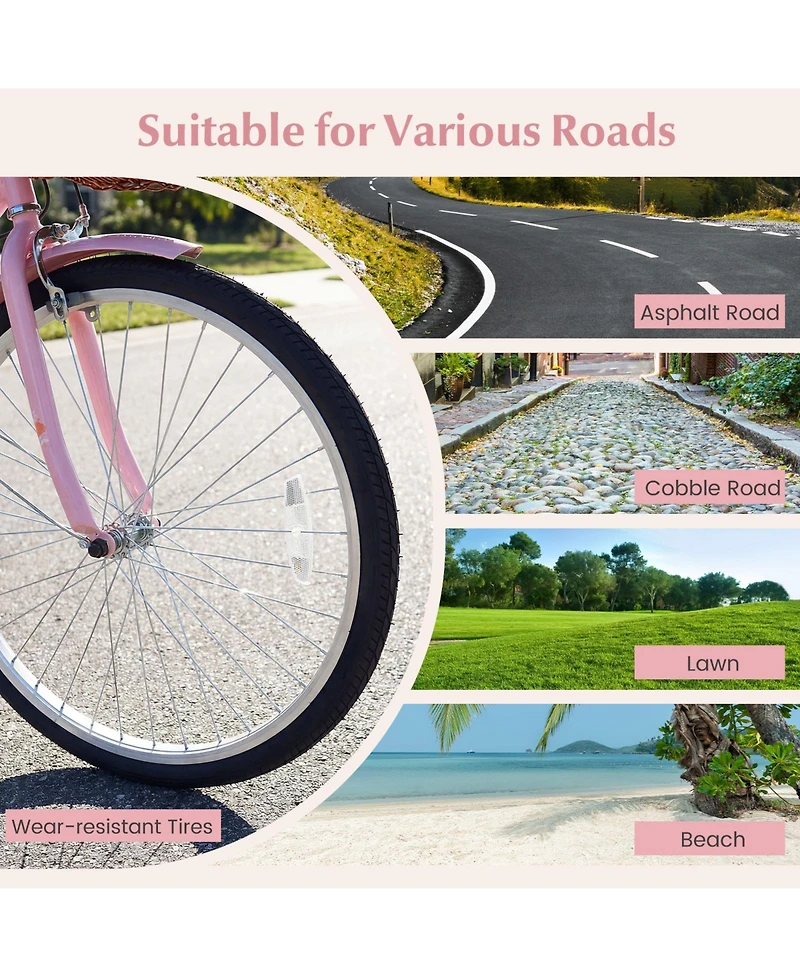 Gymax 26-Inch Beach Cruiser Bike with Adjustable Seat Woven Basket and Rear Rack for City