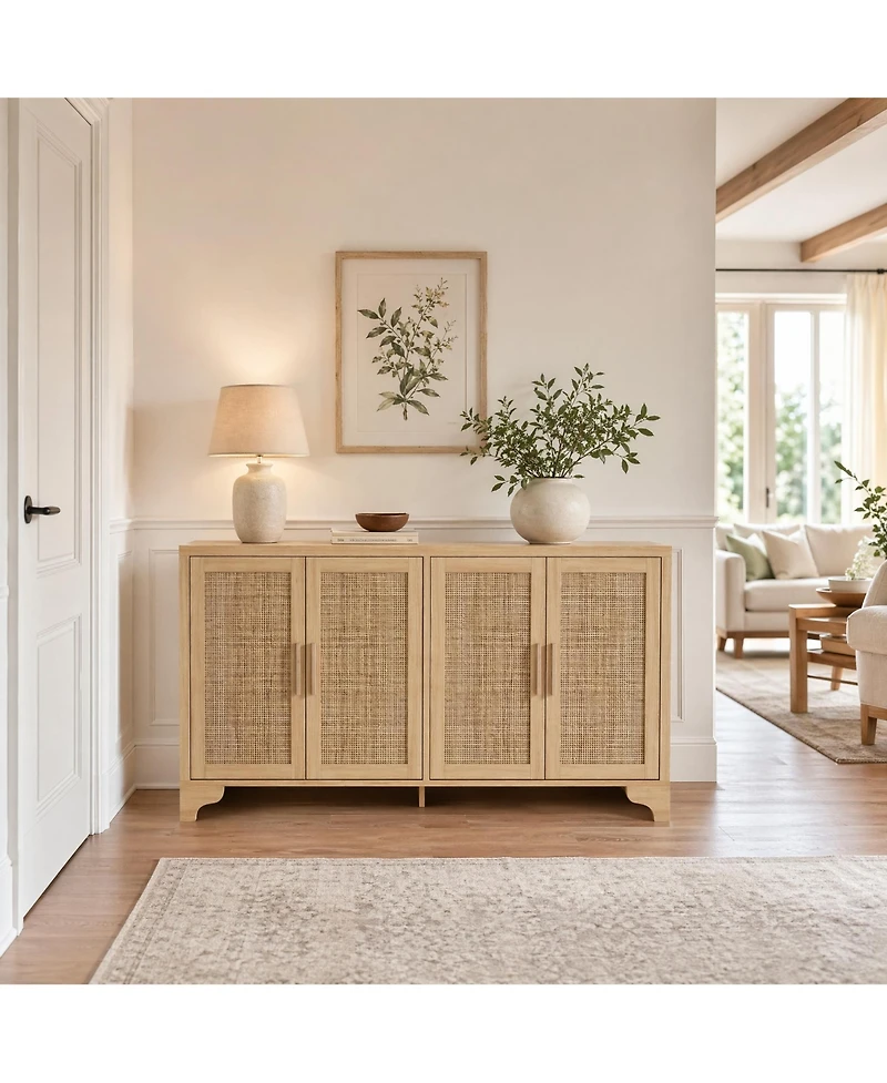 homfan 62.2 Inch Woven Buffet Sideboard, 4-Door Storage Cabinet with Shelves, Modern Farmhouse Wooden Console Table
