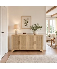 homfan 62.2 Inch Woven Buffet Sideboard, 4-Door Storage Cabinet with Shelves, Modern Farmhouse Wooden Console Table