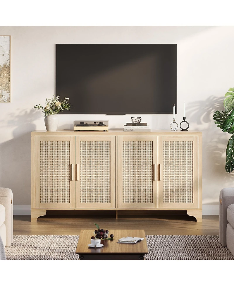 homfan 62.2 Inch Woven Buffet Sideboard, 4-Door Storage Cabinet with Shelves, Modern Farmhouse Wooden Console Table