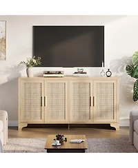 homfan 62.2 Inch Woven Buffet Sideboard, 4-Door Storage Cabinet with Shelves, Modern Farmhouse Wooden Console Table