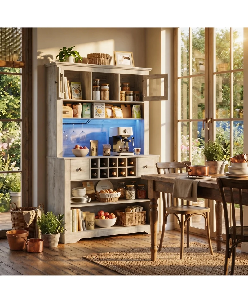 homfan 68.7 Inch Kitchen Pantry Cabinet with Led Lights and Charging Station, Large Hutch Wine Rack Adjustable Shelves