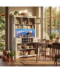 homfan 68.7 Inch Kitchen Pantry Cabinet with Led Lights and Charging Station, Large Hutch Wine Rack Adjustable Shelves