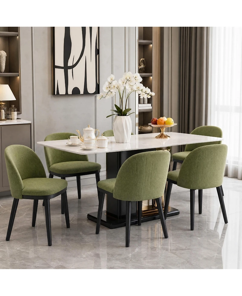 homfan Set of 6 Upholstered Dining Chairs - Modern Green Linen Side Chairs - Thick Cushions, Curved Backrest - Sturdy Wood Legs