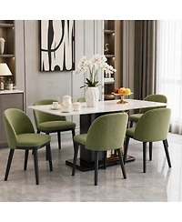 homfan Set of 6 Upholstered Dining Chairs - Modern Green Linen Side Chairs - Thick Cushions, Curved Backrest - Sturdy Wood Legs