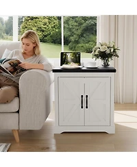 homfan Farmhouse End Table with Charging Station, Barn Door Nightstand with Adjustable Shelf for Bedroom, Living Room, or Office