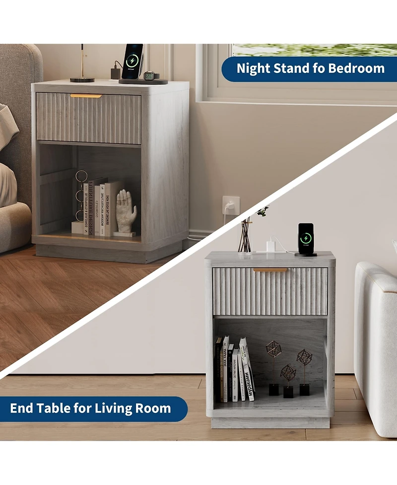 homfan Set of 2 Fluted Nightstands with Charging Station, Bedside Tables Drawers, Outlets and Usb Ports, Metal Handles