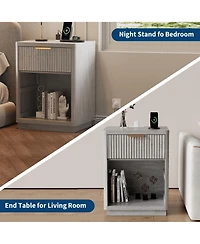 homfan Set of 2 Fluted Nightstands with Charging Station, Bedside Tables Drawers, Outlets and Usb Ports, Metal Handles