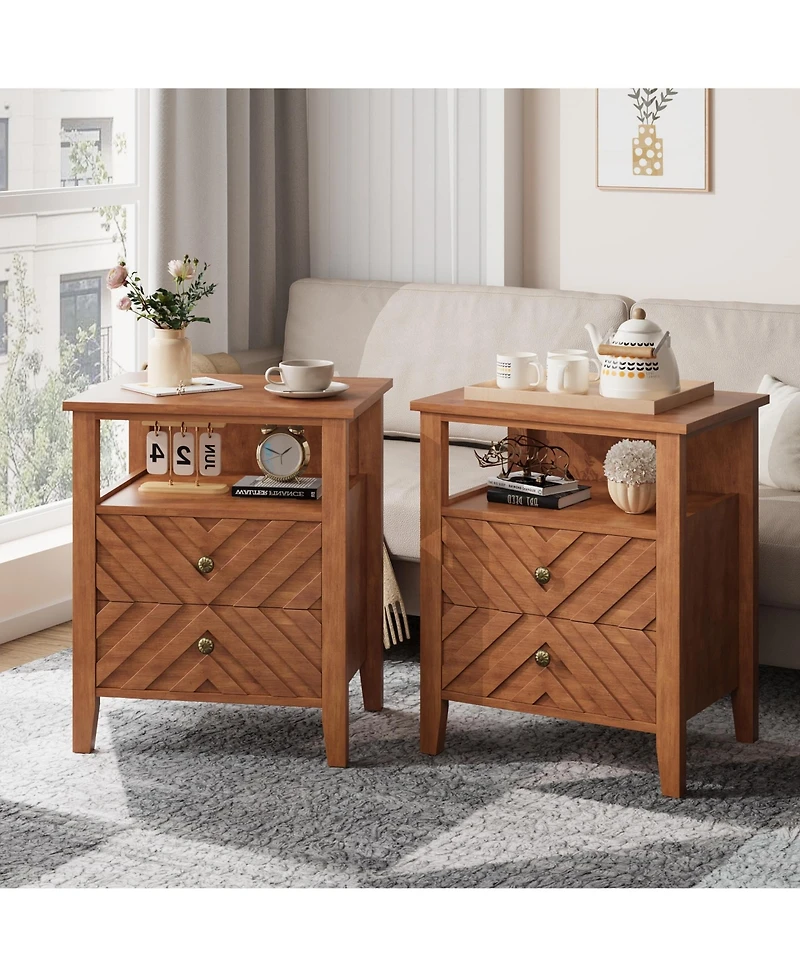 homfan Farmhouse Led Nightstand Set with 2 Drawers and Open Shelf, V-Accent Bedside Table with Wood Legs and Rgb Backlight