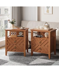 homfan Farmhouse Led Nightstand Set with 2 Drawers and Open Shelf, V-Accent Bedside Table with Wood Legs and Rgb Backlight