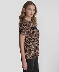 Dkny Sport Women's Foil Logo Leopard Crewneck T-Shirt